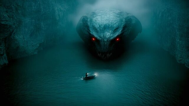 Lake encounter a boat faces a giant monster with glowing eyes