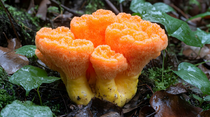 Vibrant orange mushroom colony nestled among damp forest foliage, a striking display