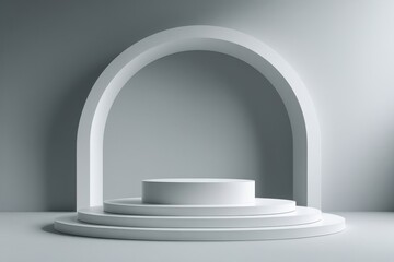 Fototapeta premium Minimalist 3D stage with circular platform and arched backdrop in monochrome grey – podium, product display, abstract architecture, modern scene, 3D render