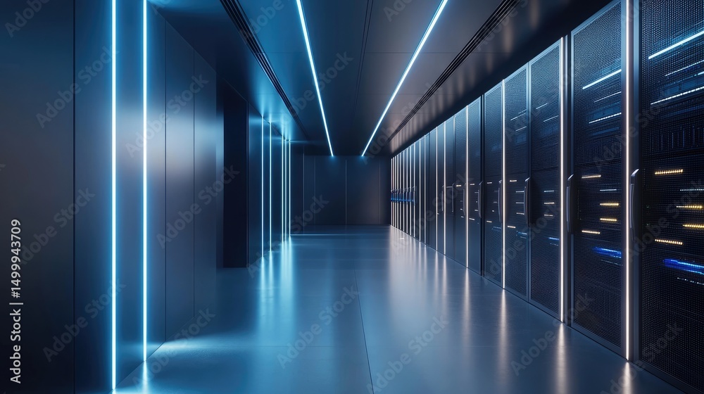 Leinwandbilder minimalist high-tech data center hallway with glowing server cabinets and sleek blue lighting, ideal