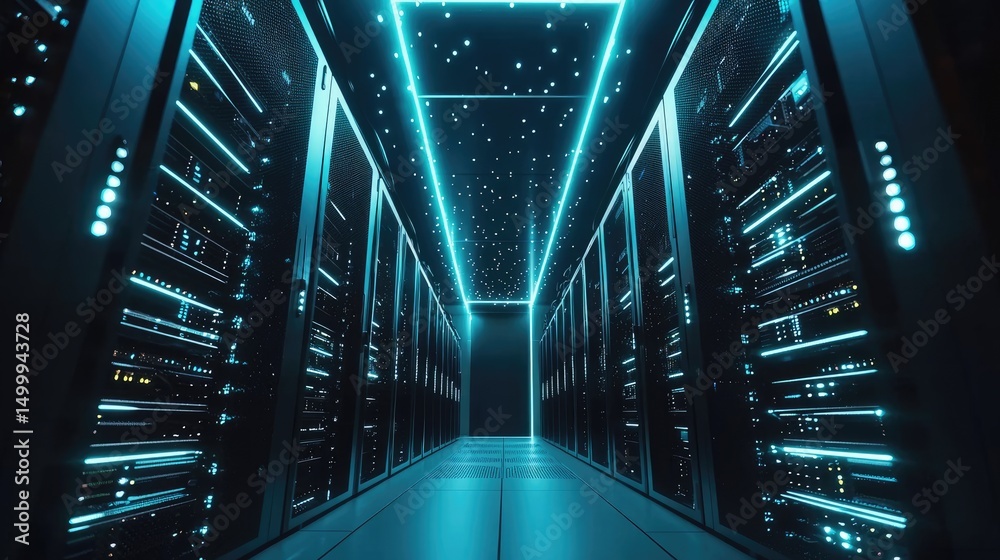 Poster Futuristic data center hallway with glowing blue server racks and ceiling lights, perfect for visualizing advanced cloud computing, AI systems, and digital infrastructure concepts