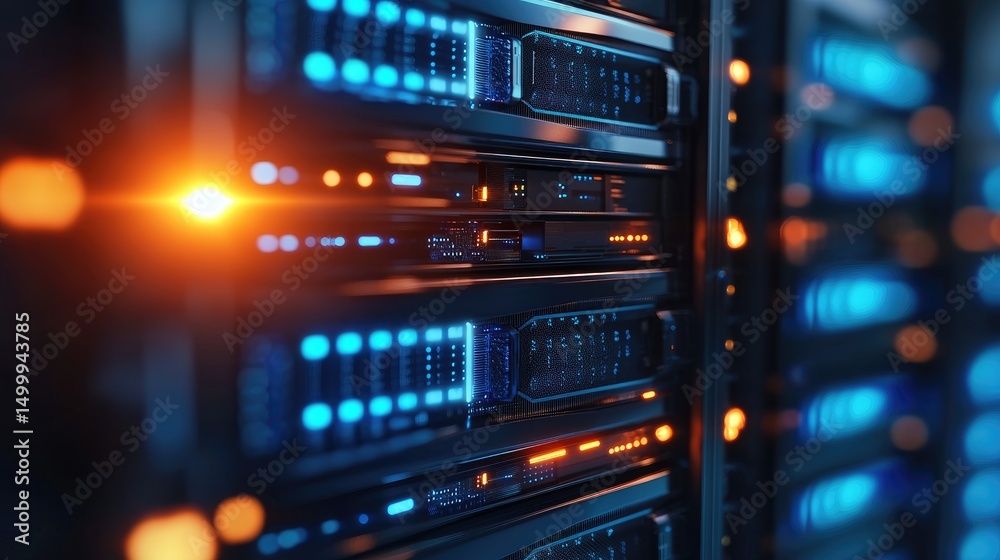 Poster High-tech data center with illuminated server racks and glowing lights in blue and orange tones, ideal for cloud computing, cybersecurity, and digital infrastructure visuals