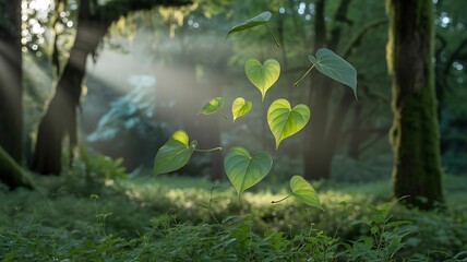 Heart Chakra Anahata, Heart-shaped leaves float in sunlit forest