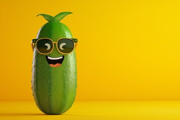 Funny cheerful cucumber on a yellow background with space for text.