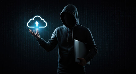 Cloud Data Breach: Hacker Uploading Sensitive Info. Cyber Security Threat, Privacy Violation & Internet Crime Concept. Secure Your Data Now!