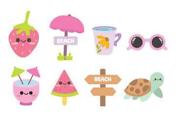 Cute summer holiday elements set. Hello summer. Suitable for clip art, stickers, flat design illustration, etc