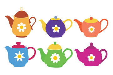 Cute teapots element set. Kitchen tools, ceramics, cartoon teapot, kettle decorative ceramic. Suitable for clip art, stickers, flat design illustration, etc
