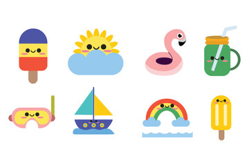 Cute summer holiday elements set. Hello summer. Suitable for clip art, stickers, flat design illustration, etc