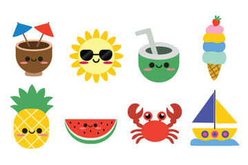 Cute summer holiday elements set. Hello summer. Suitable for clip art, stickers, flat design illustration, etc