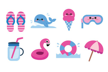Cute summer holiday elements set. Hello summer. Suitable for clip art, stickers, flat design illustration, etc