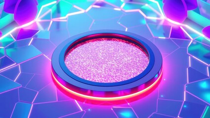 Abstract digital interface with glowing hexagons and vibrant neon circle