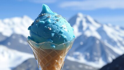 Blue ice cream cone against snow-capped mountains