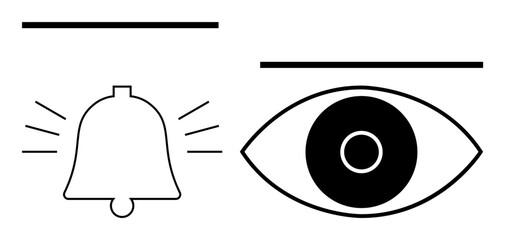 Bell with sound lines and eye with pupil emphasize notification and visibility. Ideal for alert signal, attention, interface design, awareness, reminders, app features, simple landing page