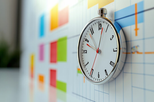 A close-up of a sleek wall clock mounted on a colorful time management chart with grids and blocks, symbolizing efficient planning and productivity in a business context.