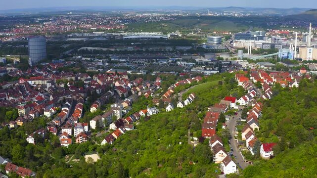 Aerial panoramic view around the city Stuttgart ost stadt  in Germany on a cloudy spring day