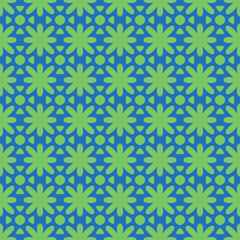 Vector geometric floral ornament. Abstract seamless pattern with bold flower silhouettes, rounded shapes, tiles. Cute funky green and blue background. Retro vintage texture. Repeated trending design