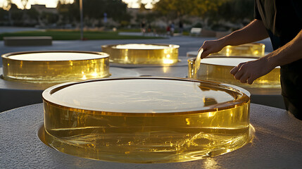 Outdoor urban artistic installation featuring reflective golden disk structures