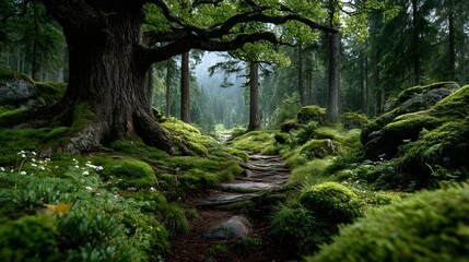 Obraz premium Enchanting Exhibition of Ancient Tree Trunks and Lush Moss in a Mystical Forest Sanctuary Highlighting Natural Preservation