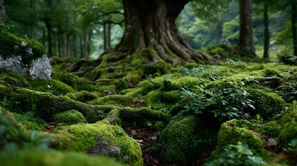 Fototapeta premium Surreal Grove Exhibition Featuring Weathered Tree Trunks and Velvety Moss in a Mystic Environment of Natural Preservation