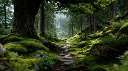 Obraz premium Enchanting Exhibition of Ancient Tree Trunks and Lush Moss in a Mystical Forest Sanctuary Highlighting Natural Preservation