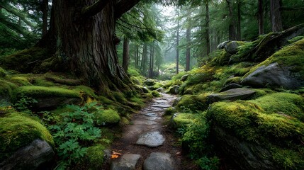 Stunning Exhibition in a Whispering Forest Realm Showcasing Massive Ancient Tree Trunks and Delicate Moss in an Eco-Sanctuary of Timeless Beauty