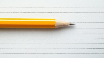 A yellow pencil rests on sheet music paper with horizontal staff lines.