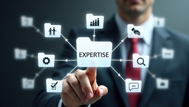 A hand interacts with a digital network of expertise icons.