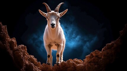 Goat stands alert on rocky terrain against a dark smoky background, looking directly at the viewer.