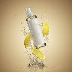 Perfume Bottle with Lemon Slices and Water Splash on Gold Background