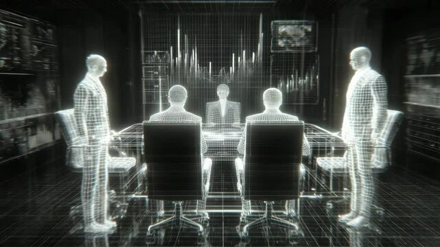A group of holographic business figures are seated and standing around a digital conference table in a virtual meeting room.
