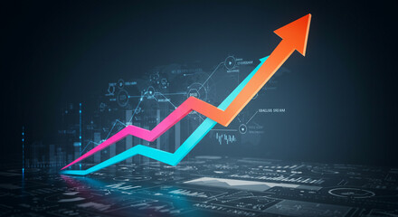 Digital visualization of progress and achievement, featuring a large ascending arrow and interconnected charts.