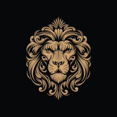 Baroque Style Ornamental Lion Head Vector Emblem on Black Background