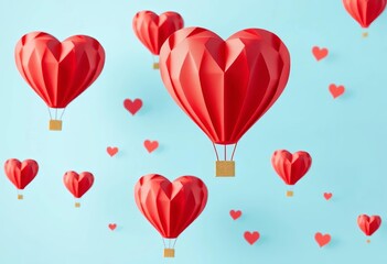 Paper art style red heart hot air balloons floating against a blue sky, Valentine's Day illustration,  couple, love
