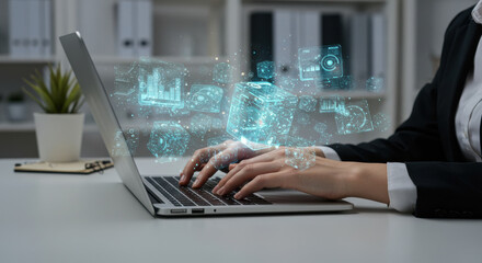 Data Processing Power: Typing on Laptop with Holographic Data Cubes. Future Technology, AI, Innovation, Productivity, Business Concepts.