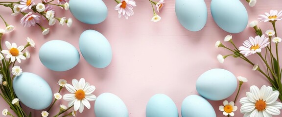 Obraz premium Pastel blue decorative eggs arranged in a stylish flat lay for a happy Easter greeting card, celebration, eggs