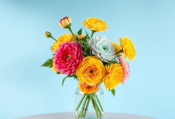 Obraz premium Pastel blue background, glass vase holds vibrant ranunculus bouquet on table, still life, turquoise