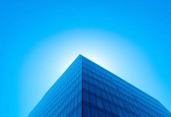 Sleek glass building against vibrant blue sky,  clouds,  bright sky