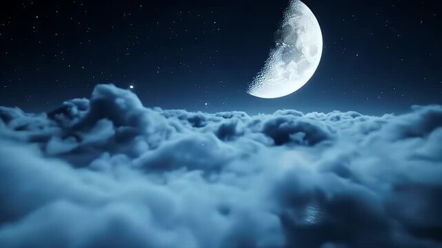 A 3D animated cinematic video showing a night sky filled with fluffy, voluminous clouds stretching to the horizon.