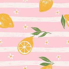 Vintage seamless pattern with lemons, bloom on striped background. Summer Mediterranean coastal print. Italian vacation vibe. Vector hand drawn pencil hatching textured illustration.