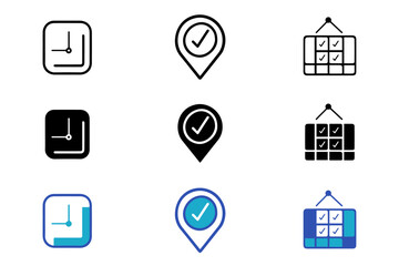 Date, time and location solid line icon set. Icons related to hourglass, pin, stopwatch, calendar, clock, gps point, flag point, globe point, address etc. Vector illustration