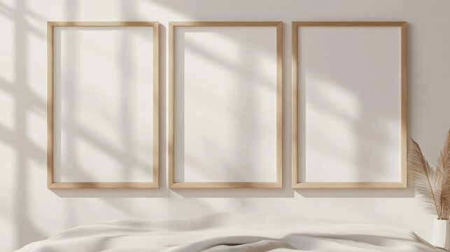 Three vertical blank poster frames on a bedroom wall with wooden headboard bed, beige fabric cover, modern minimalist interior, neutral color palette