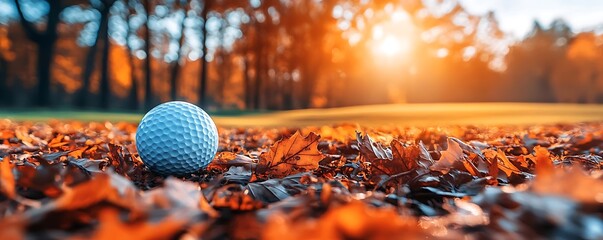 Golf ball autumn leaves sunset park