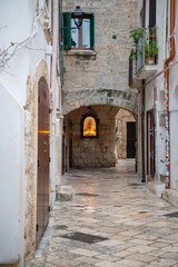 Fototapeta premium Narrow street of Polignano a Mare. Amazing view of the cozy old town with plants and decorations in Polignano a Mare, Bari, Apulia Region, Italy. Travel photography