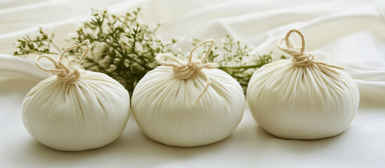Set of herbal compress balls wrapped in white cloth with string ties