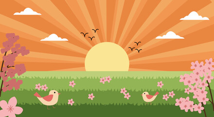 Vector illustration of a sunny summer landscape with green meadows, blooming sakura in a flat clean style.
