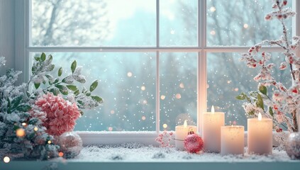 Snowy windowsill with candles and decorations