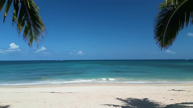 A cinematic beach video showing a wide-angle view of a tropical shoreline with soft beige sand, turquoise ocean waves gently washing onto the beach.