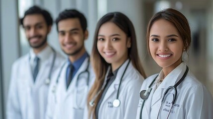 Fototapeta premium Four diverse medical professionals smile confidently, showcasing their stethoscopes and lab coats