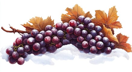Obraz premium A cluster of purple grapes, dusted with snow, nestled among autumn leaves