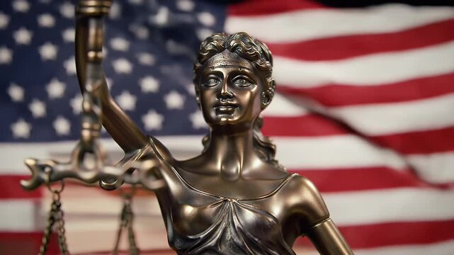 Cinematic close-up of the bronze Lady Justice statue, blindfolded and holding balanced scales. Behind her, a softly focused background of law books and the waving flag of the United States of America.